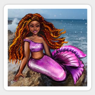Mermaid with red braids relaxing on the rocks  with brown eyes, flowing Afro hair and caramel brown skin Sticker